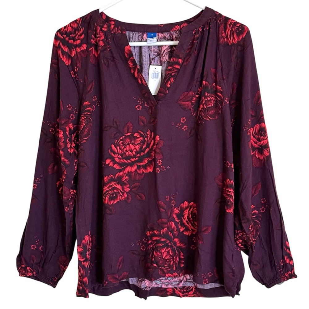 Old Navy Burgundy Floral V-Neck Blouse with Red Blooms